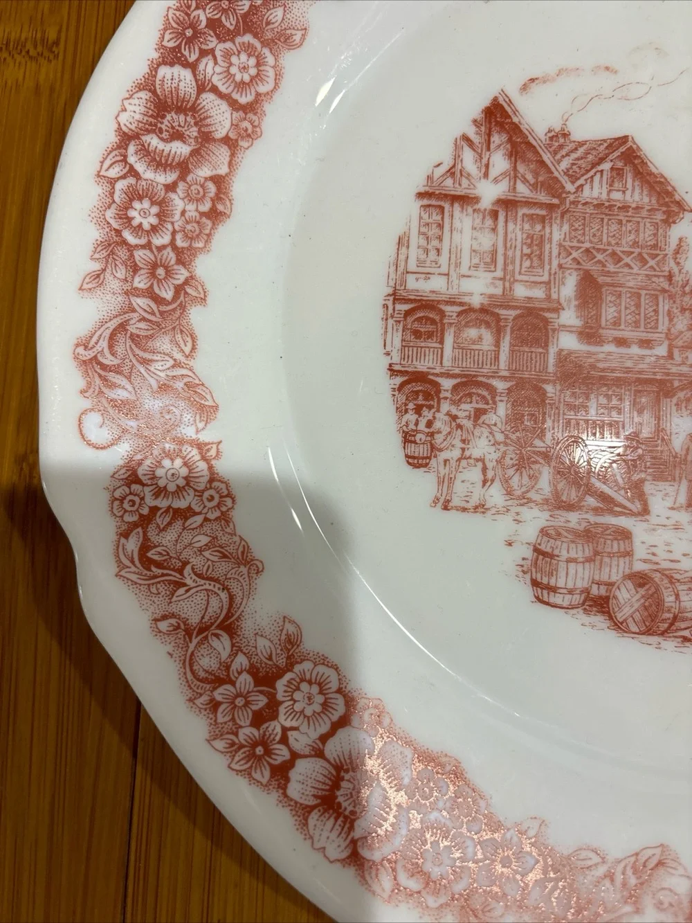 Red Transferware Dinner Plate with Floral Border